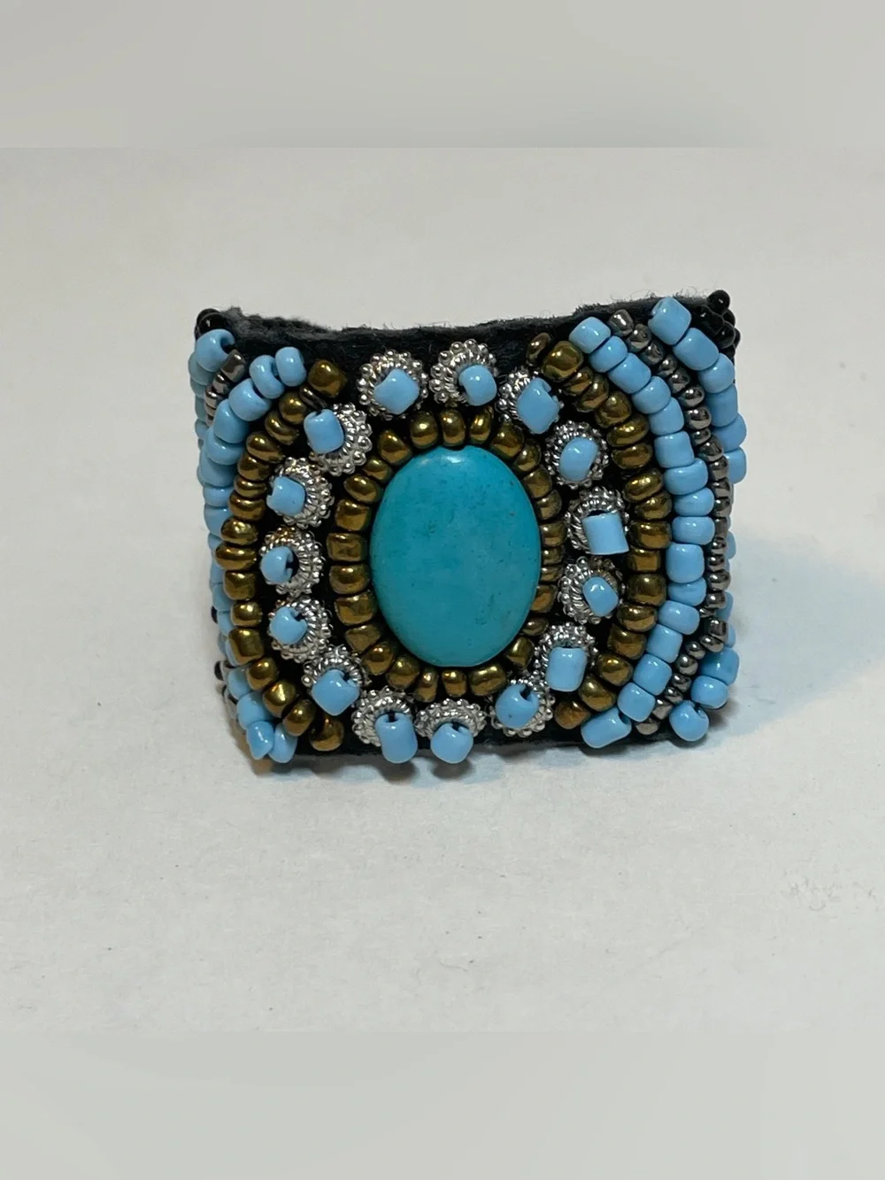 Handmade Seed Bead Beaded Cuff Bracelet Boho Style, Black, Teal, Copper Tones